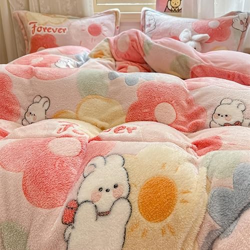 Vista 19 de Juego de funda de edredón a cuadros, funda de edredón floral, funda de edredón esponjosa, funda de edredón Kawaii de dibujos animados de conejo
