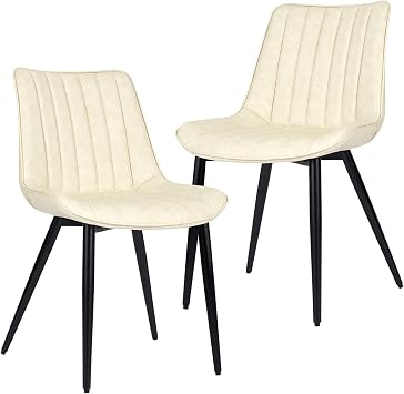 Beige 2-Piece Mid-Century Modern Faux Leather Dining Chairs | Leisure Upholstered, Metal Legs, for Kitchen & Living Room