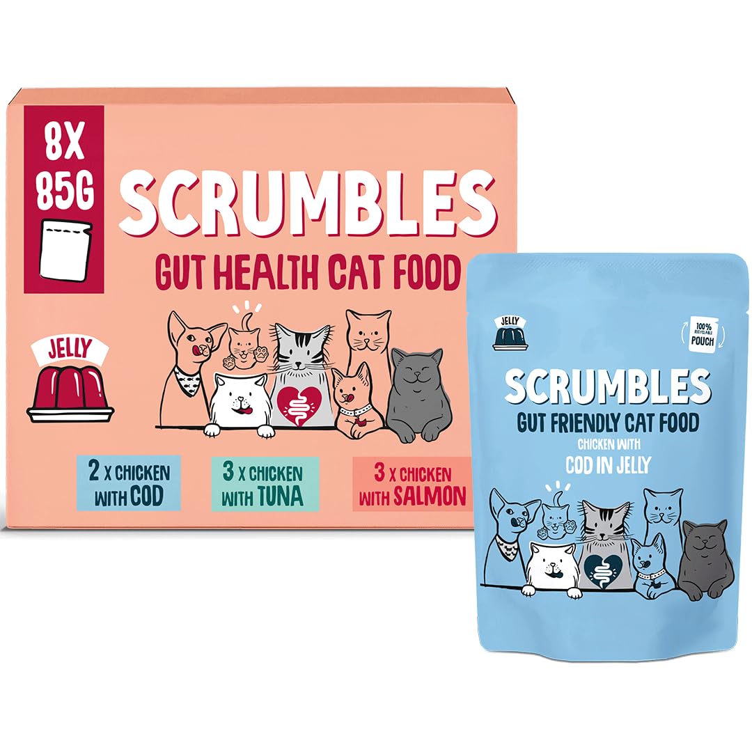Scrumbles • Wet Cat Pouches • Fish Jelly • Hypoallergenic • All Lifestages • 2x Chicken with Cod • 3x Chicken with Tuna • 3x Chicken with Salmon • 8 Pouches (85g) • 80%+ Meat • Prebiotics