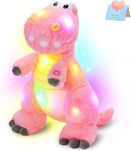 Miniatura 8 de Houwsbaby Dinosaurio T-Rex con luz LED verde de 13 pulgadas, con luz nocturna, juguete de peluche suave para abrazar, regalos Kawaii para niños