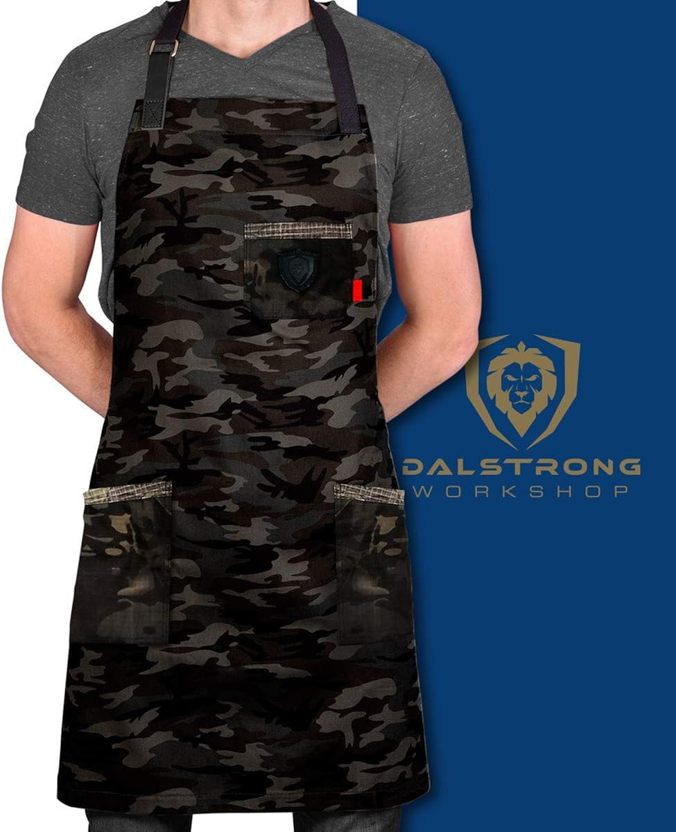 DALSTRONG Professional Chef's Kitchen Apron - 100% Cotton Blue Denim - 4 Storage Pockets - "American Legend" - Liquid Repellent Coating - Genuine Leather Accents - Adjustable Straps : Home & Kitchen