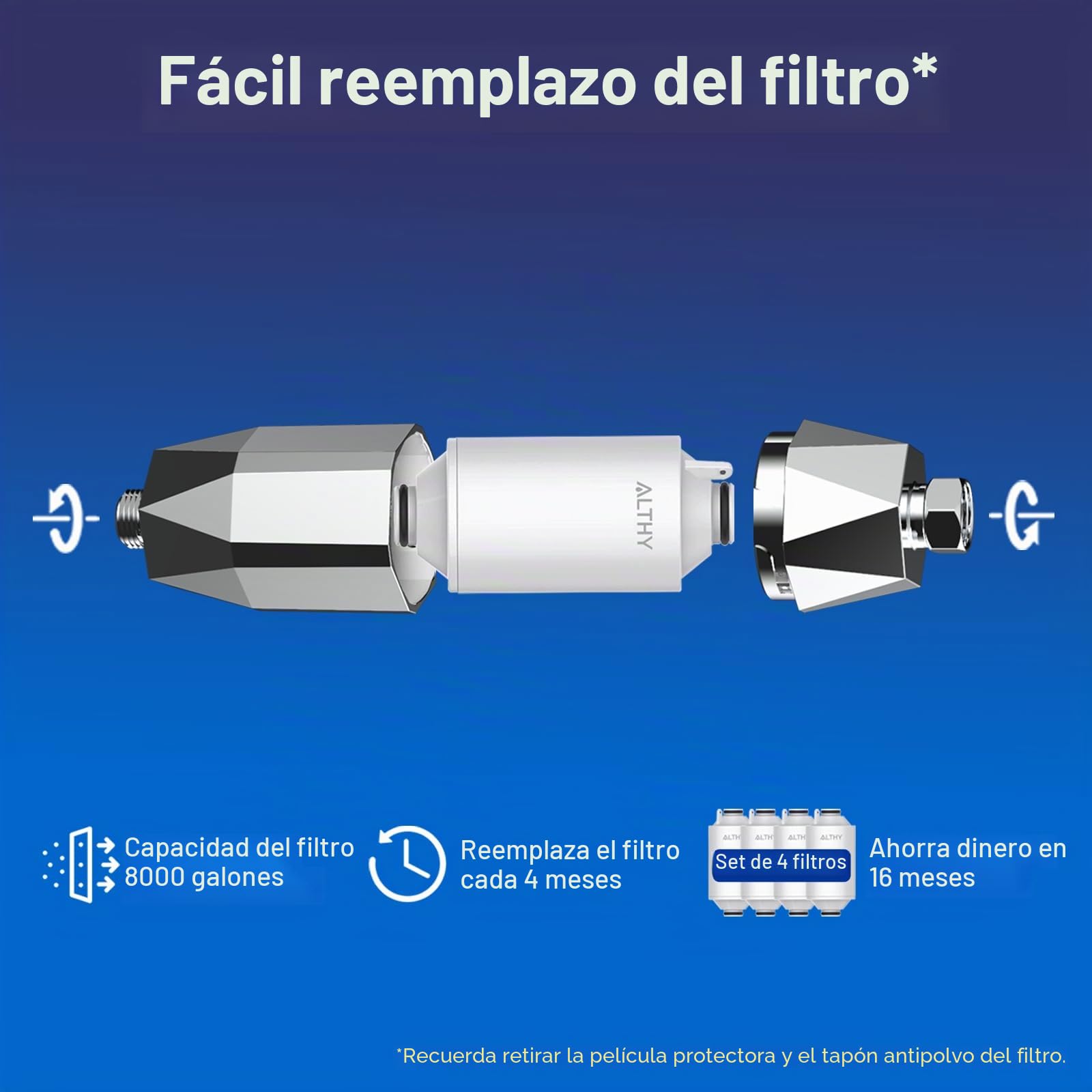 ALTHY Filtro de ducha de con vitamina C para agua dura - Filtro de cabezal de ducha, CROMADO,Reduce el cloro y el metal pesado, mejora la piel seca, la caspa del cabello, el eccema(4 Filtro Incluido)