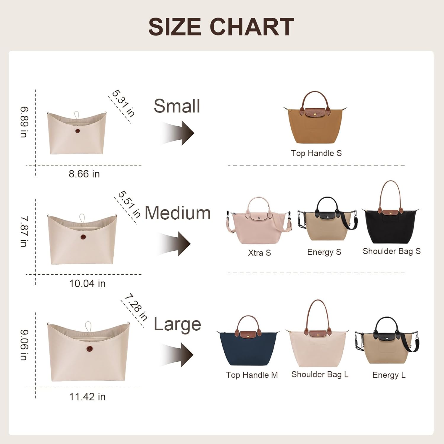 ZTUJO Purse Organizer Insert For Longchamp le pliage,Silky Touching LongChamp Organizer Insert, Compatible with Le Pliage,Energy,Shoulder Bag,Top Handle, Xtra (Beige, Large)