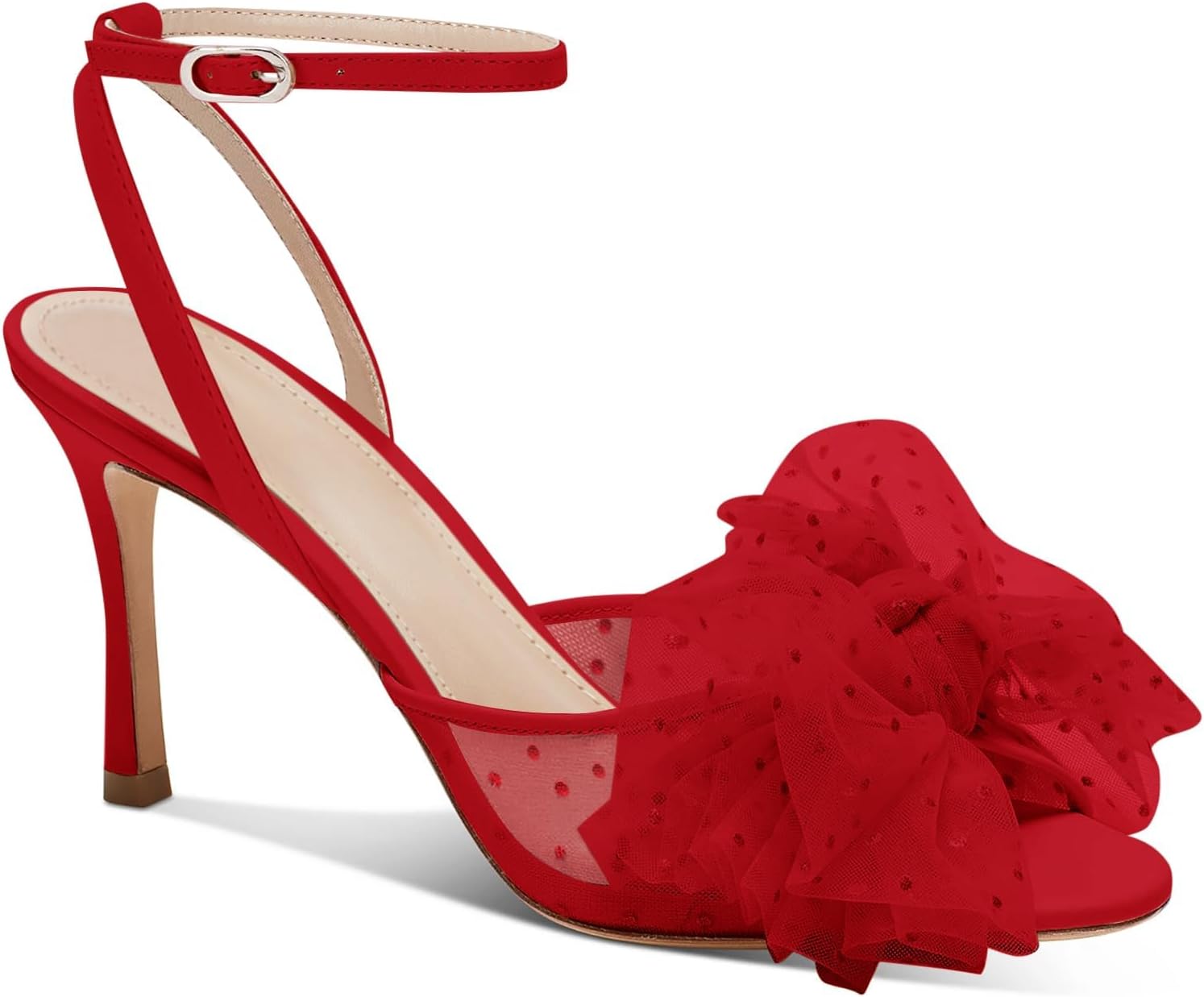 Coutgo Womens Bow Tie Heels Sandals Slingback Peep Toe Wedding Heels Mesh High Stiletto Heel Summer Cute Wedding Bridal Shoes