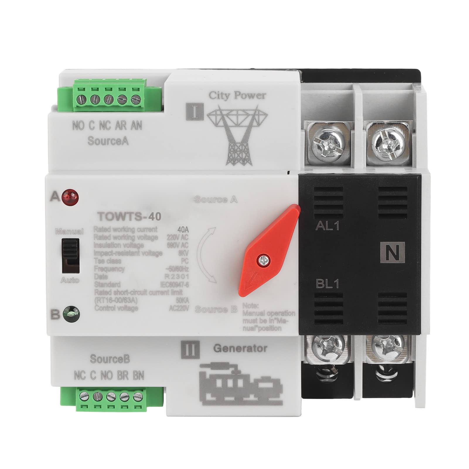 Ausla Interruttore Automatico a Doppia Alimentazione Alloggiamento PC Interruttore di Trasferimento Automatico 2P AC 220 V 8 KV Modalità Automatica e Manuale Trasferimento Pubblico e in Standby per
