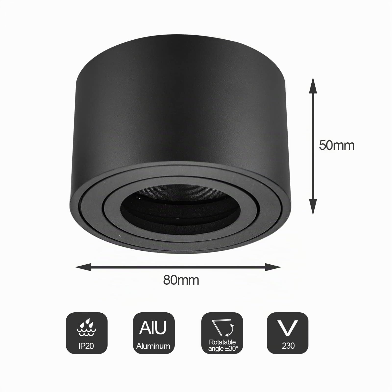 Focos LED Techo Superficie 4 Pack, Interior Negro Orientable Para Módulos, Lámpara de Techo Redondo Ø80x50mm, Plafón Salón Dormitorio, Bombilla No Incluida