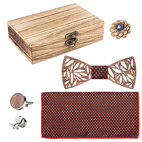 Classic Handmade Mens Wood Bow Tie with Matching Pocket Square and Men's Cufflinks Set - Thumbnail 5