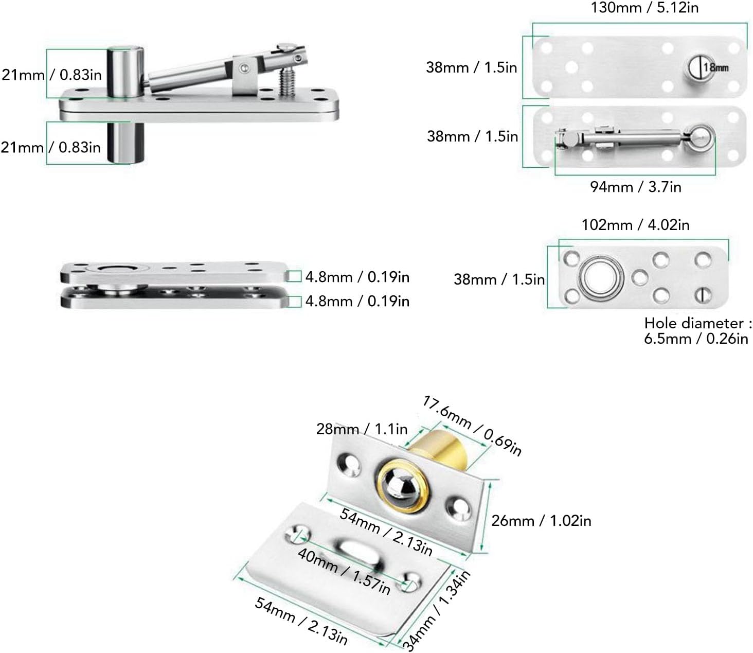 Eujgoov Stainless Steel Hidden Door Hinge 360 Degree Rotation Pivot Hinge with Brushed Texture for Wood Door Aluminum Frame
