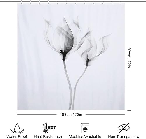 Miniatura 6 de YLATY2596 - Cortina de ducha de flores abstractas para baño, juego de cortina de ducha bohemia floral en blanco y negro, tela transparente, moderna,