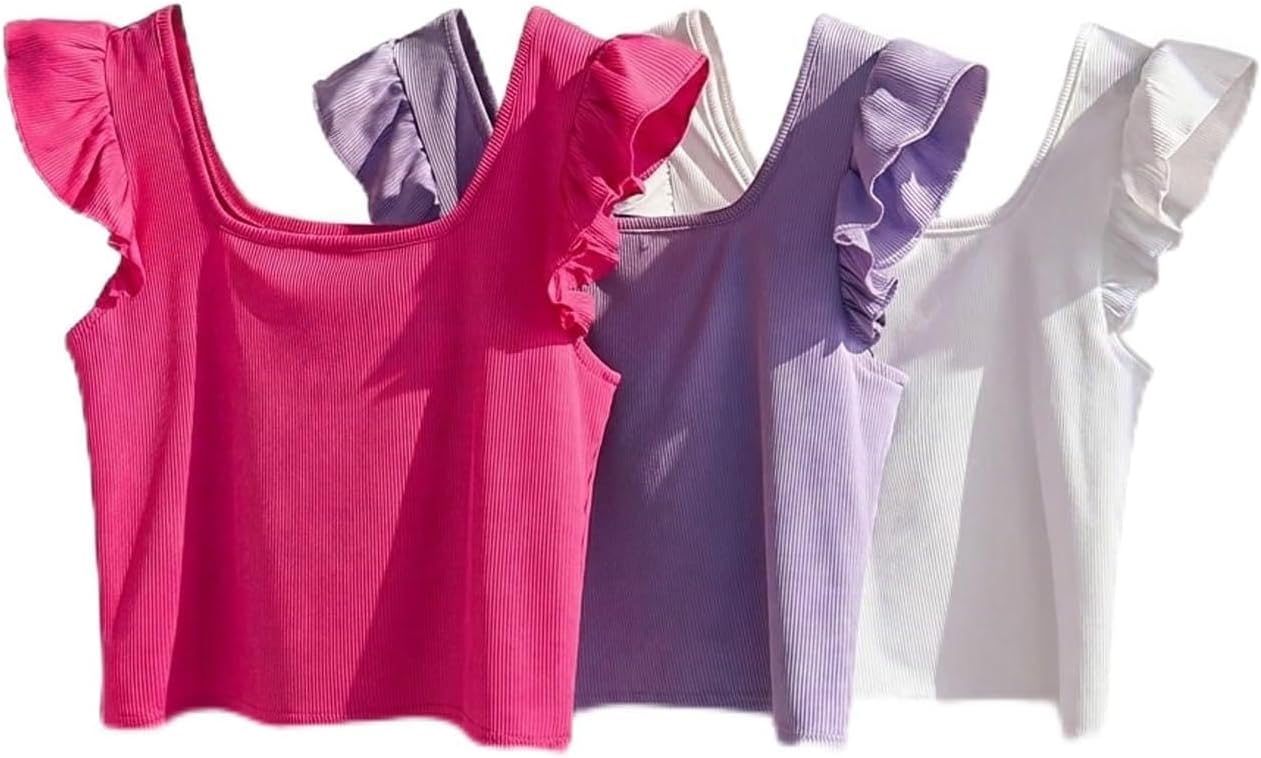 OYOANGLE Girl's 3 Piece Tank Tops Ruffle Trim Square Neck Sleeveless Fitted Crop Top