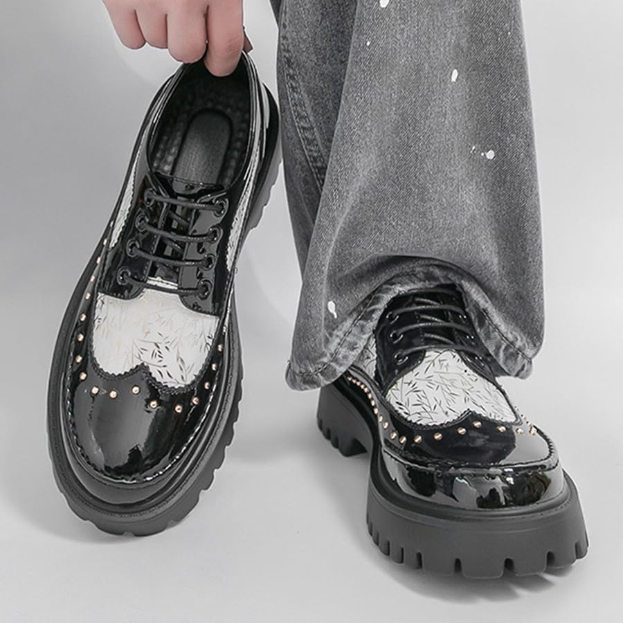 Image of Men's Patent Leather Platform Dress Shoes Classic Round Toe Thick Lug Sole Lace Up Oxfords Comfort Block Heel Derby Business Casual Shoes