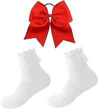 Bow Hair Scrunchie Red Large Ruffle Lace Ankle Socks Cotton Bow Hair Rope Cheerleader Hair Accessories Headwear for Women Girls Christmas Party Carnival Theme Party