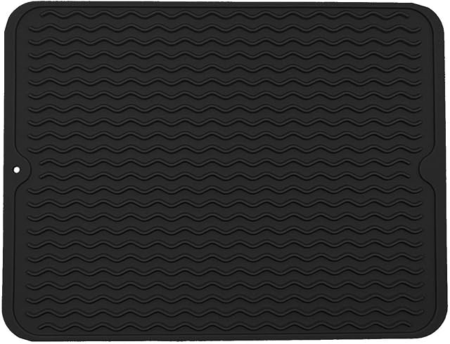 Large Wavy Silicone Hot Pads Trivet Mats, Rubber Pot Holders Dish Drying Mat, Table Place Mat, Tableware Draining Mat, Non Slip and Heat Insulation Pads 15.7x 11.8 (Black)
