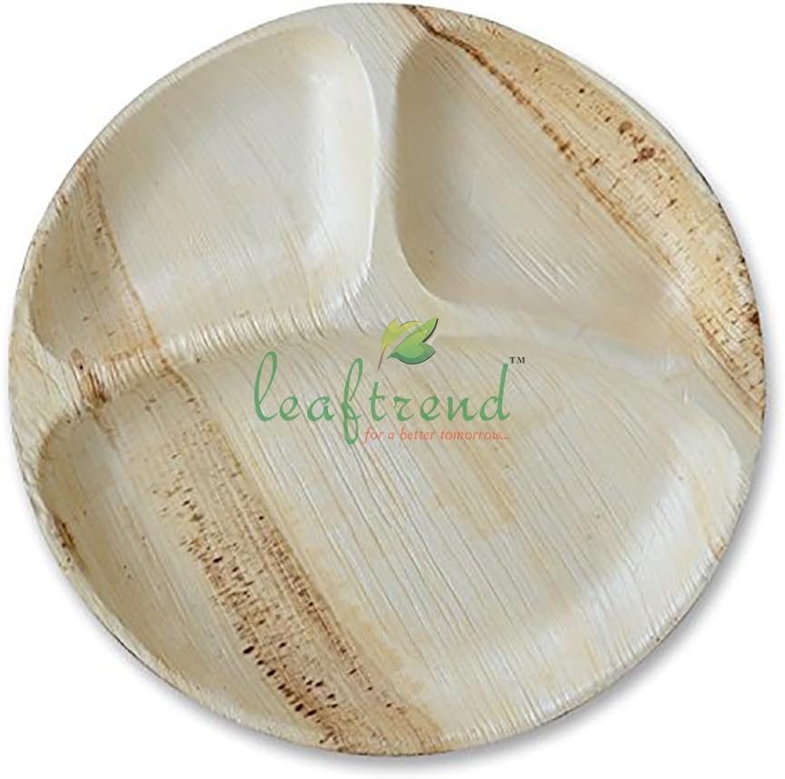 Leaftrend - Palm Leaf Plates 12 inch Round 3 Compartment, 25 Pcs - Natural, Disposable, Biodegradable, Eco-Friendly Wedding and Party Dinnerware