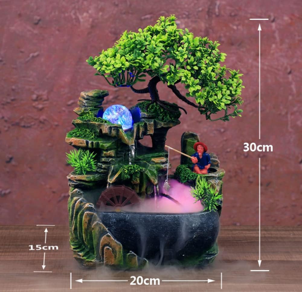 Indoor Tabletop Fountains ， Rockery, Water,Fisherman, Plants, Desktop Fountain, atomizing humidifier Fountain, Home Office Desktop Decorations, Automatic Pump with Power Switch
