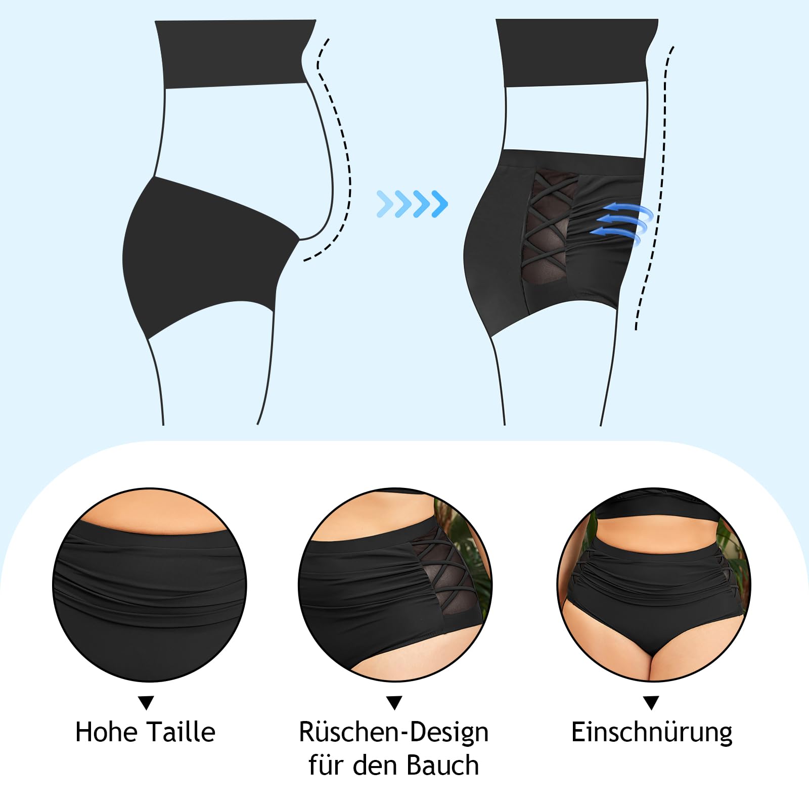 PONCEAU Bikini Damen Set Bauchweg High Waist - Push Up Bikini Oberteil für Große Brüste V-Ausschnitt Große Größen Plus Size Curvy Bademode