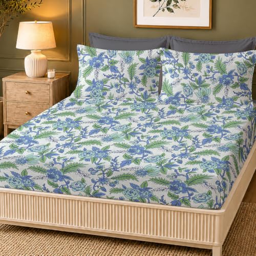 Image of LANE LINEN Symphony 100% Cotton 144TC King Bedsheet Set, 3 Piece, Printed | Printed 3-Piece Set With 1 King Fitted Bedsheet (1.83 x 1.98 M + 0.30D CM), 2 Pillow Covers, 144 TC, Soft & Breathable Cotton