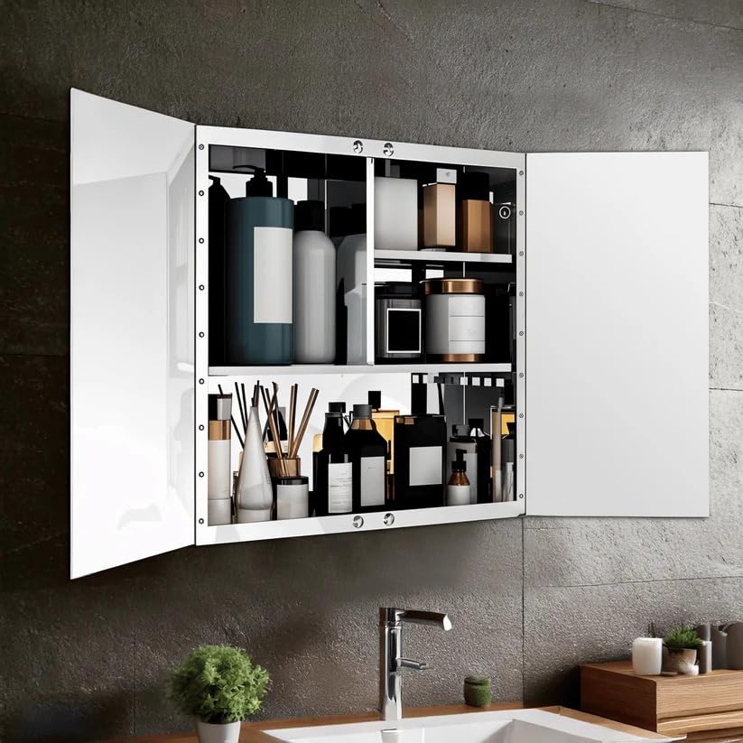Image of Lucios Stainless Steel Bathroom Cabinet with Mirror, Wall Mounted Medicine Cabinet for Bathroom Storage, Rustproof & Waterproof Design, Adjustable Shelves (Stainless Steel, 18 * 18 Inch)