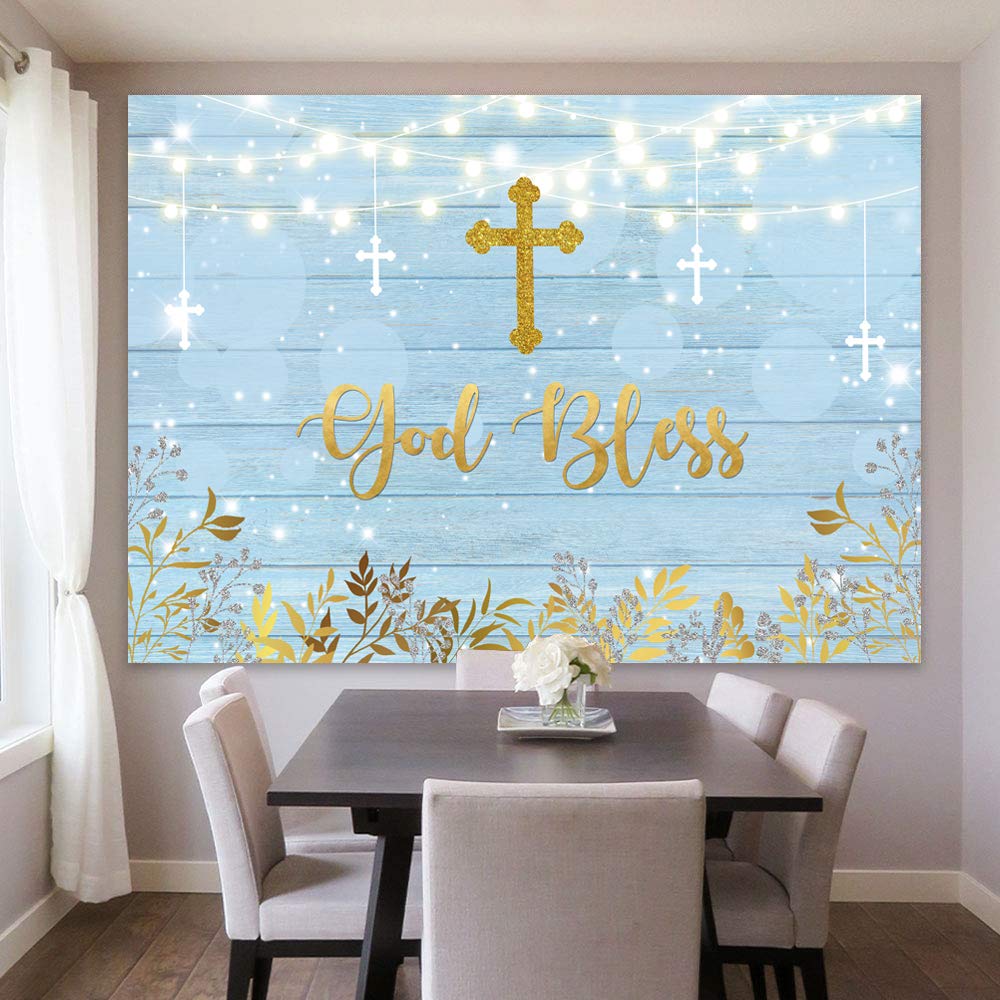 Sensfun Boy Baptism Backdrop God Bless Rustic Blue Wood Gold Leaves