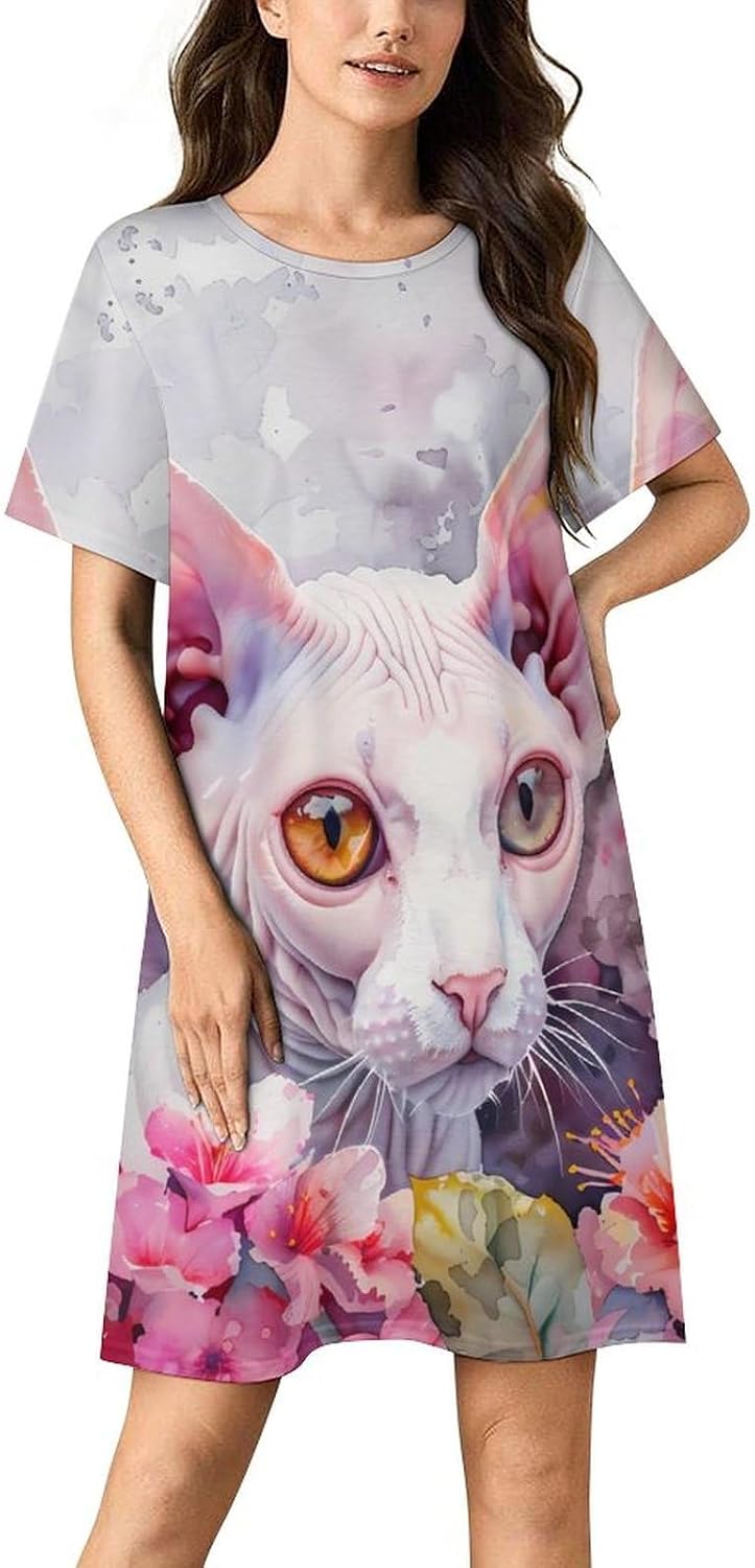 Watercolor_ Sphynx Cat Flowers Women's Nightgown Short Sleeve Sleep Shirt Casual Sleepwear Night Gowns Sleepdress