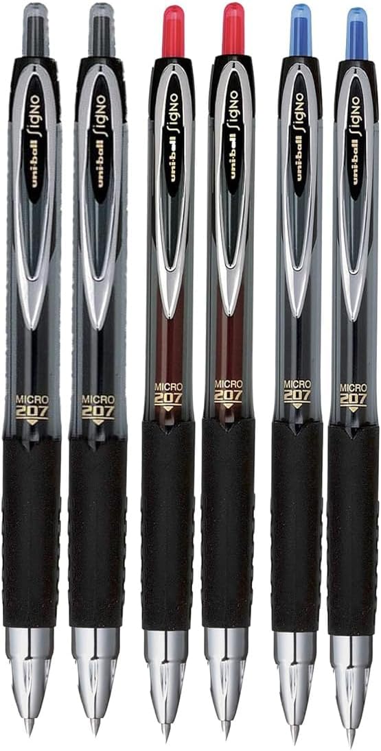 Signo 207 Roller Ball Retractable Gel Pens, Micro Point (0.5mm), Black Blue And Red Ink, 6 Count, Bundle with Plastic Reusable Pouch