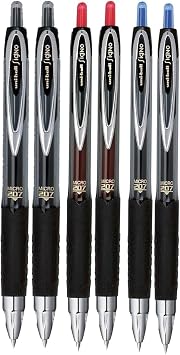Signo 207 Roller Ball Retractable Gel Pens, Micro Point (0.5mm), Black Blue And Red Ink, 6 Count, Bundle with Plastic Reusable Pouch
