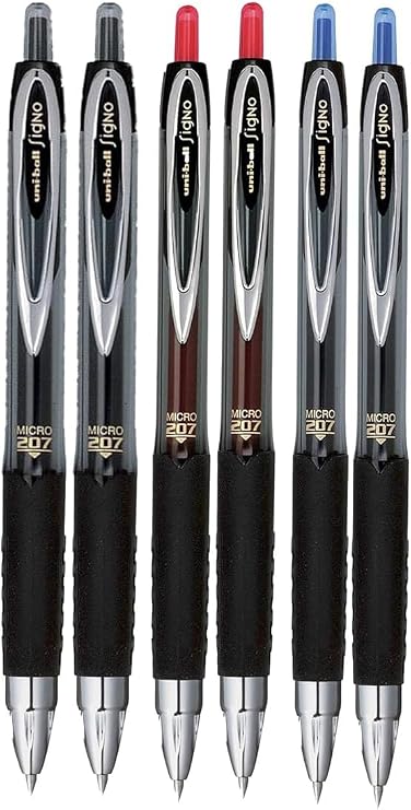 Signo 207 Roller Ball Retractable Gel Pens, Micro Point (0.5mm), Black Blue And Red Ink, 6 Count, Bundle with Plastic Reusable Pouch