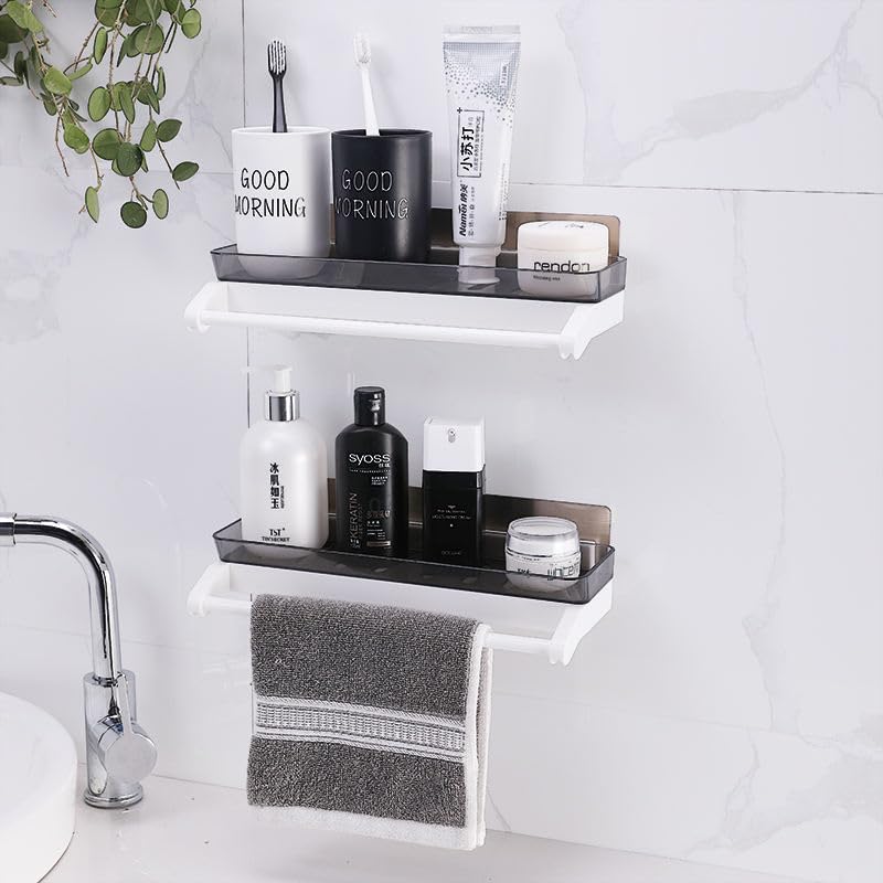 Image of XMART INDIA No Drilling Bathroom Storage Shelf with Towel Bar, Wall Mounted Storage Rack with Towel Holder, Self Adhesive Plastic Shelf for Shampoo, Soap, Cosmetics & Kitchen Use (2)