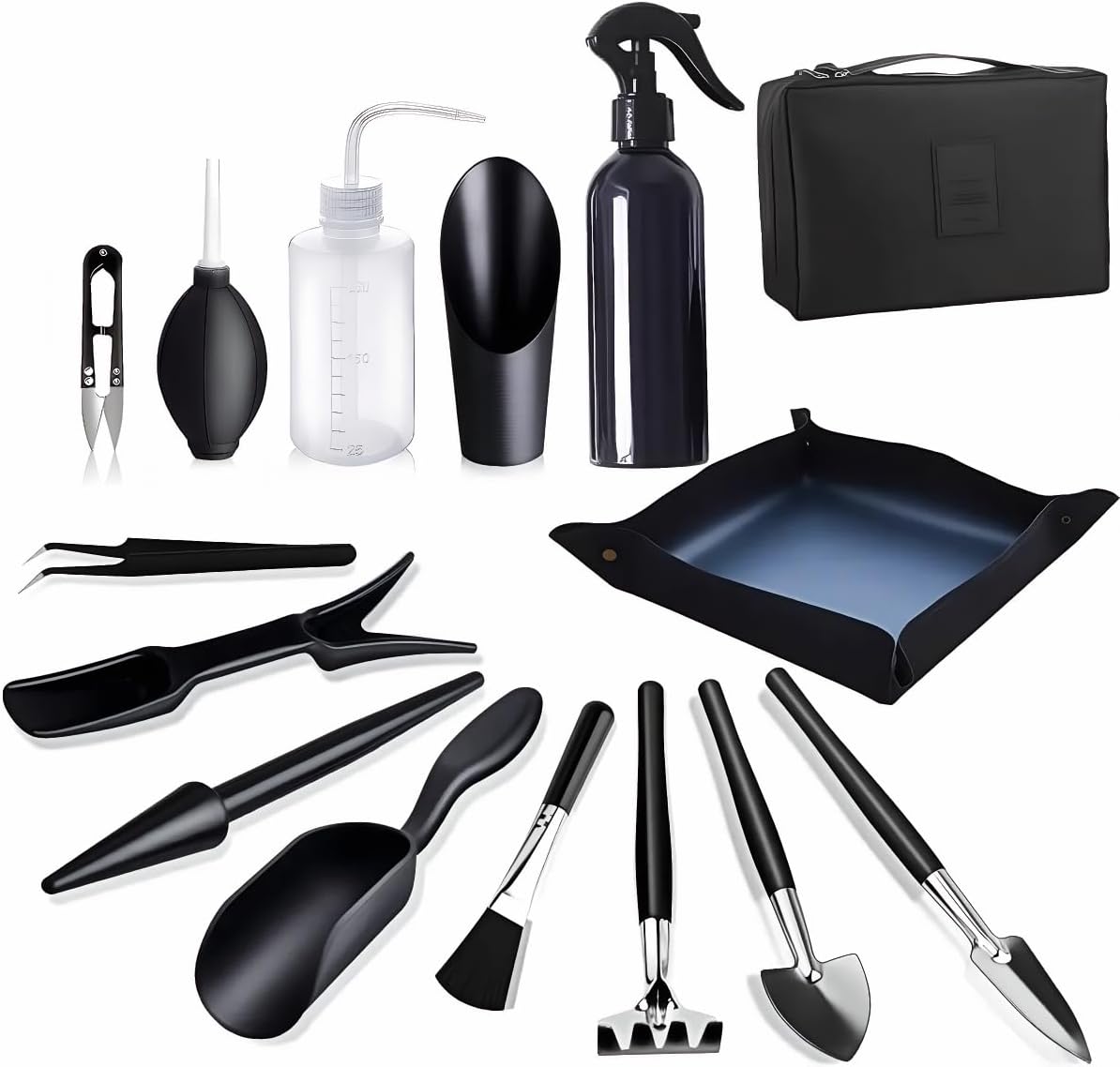 Bonsai Werkzeug Set 15 Stück mit wasserdichte Umtopfmatte &amp; Aufbewahrungstasche,Mini Gartengeräte Gartenwerkzeug Set