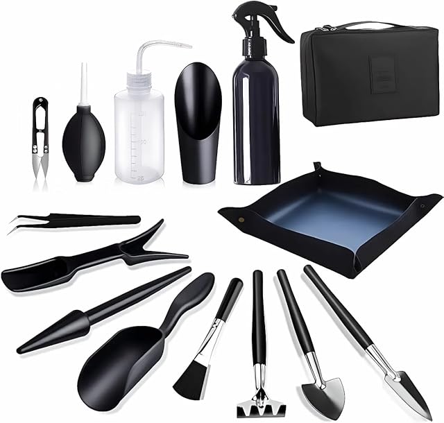 BEJAGWUS Bonsai Werkzeug Set 15 Stück mit wasserdichte Umtopfmatte &amp; Aufbewahrungstasche,Mini Gartengeräte Gartenwerkzeug Set — Werkzeug-Sets