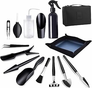 Bonsai Werkzeug Set 15 Stück mit wasserdichte Umtopfmatte & Aufbewahrungstasche,Mini Gartengeräte Gartenwerkzeug Set für Gartenarbeit, Umtopfen, Sukkulenten, Pflanzenpflege (Schwarz)