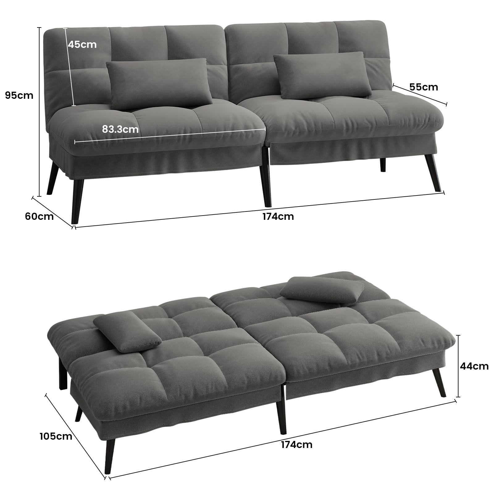 LUCKRACER Sofa 3 Sitzer Sofa Schlafsofa mit Schlaffunktion, überzug Futon Klappsofa, Bettcouch, ecksofa, Couch, 5 Verstellbare Winkel, Ideal für Wohnungen Wohnzimmer aus Stoff Grau