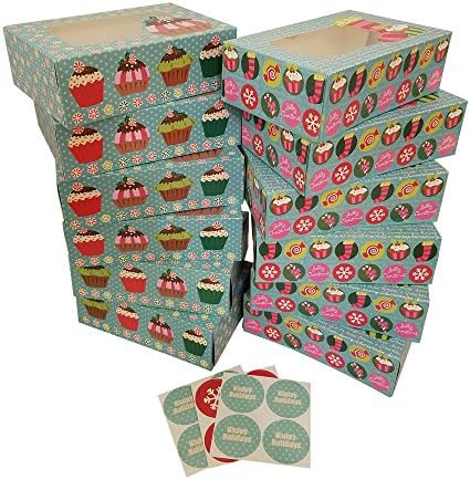 Christmas Cookie gift boxes; rectangular with clear window; colorful paperboard with holiday designs; set of 12 with 12 stickers for sealing (Colorful Jax - NO STICKERS)