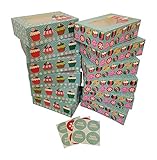 Christmas Cookie gift boxes; rectangular with clear window; colorful paperboard with holiday designs; set of 12 with 12 stickers for sealing (Blue Cupcake)