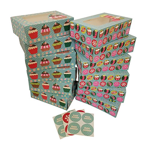 Christmas Cookie gift boxes; rectangular with clear window; colorful paperboard with holiday designs; set of 12 with 12 stickers for sealing (Blue Cupcake)