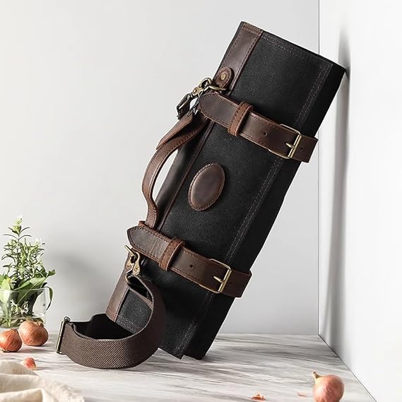 Chef Knife Roll Bag - Professional Chef Knife Case - Waxed Canvas and Crazy Horse Leather - With 12 Slots Plus 2 Zipper Pockets to Hold Kitchen Cooking Tools - Travel Tool Roll Pouch