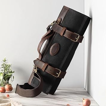 Chef Knife Roll Bag - Professional Chef Knife Case - Waxed Canvas and Crazy Horse Leather - With 12 Slots Plus 2 Zipper Pockets to Hold Kitchen Cooking Tools - Travel Tool Roll Pouch