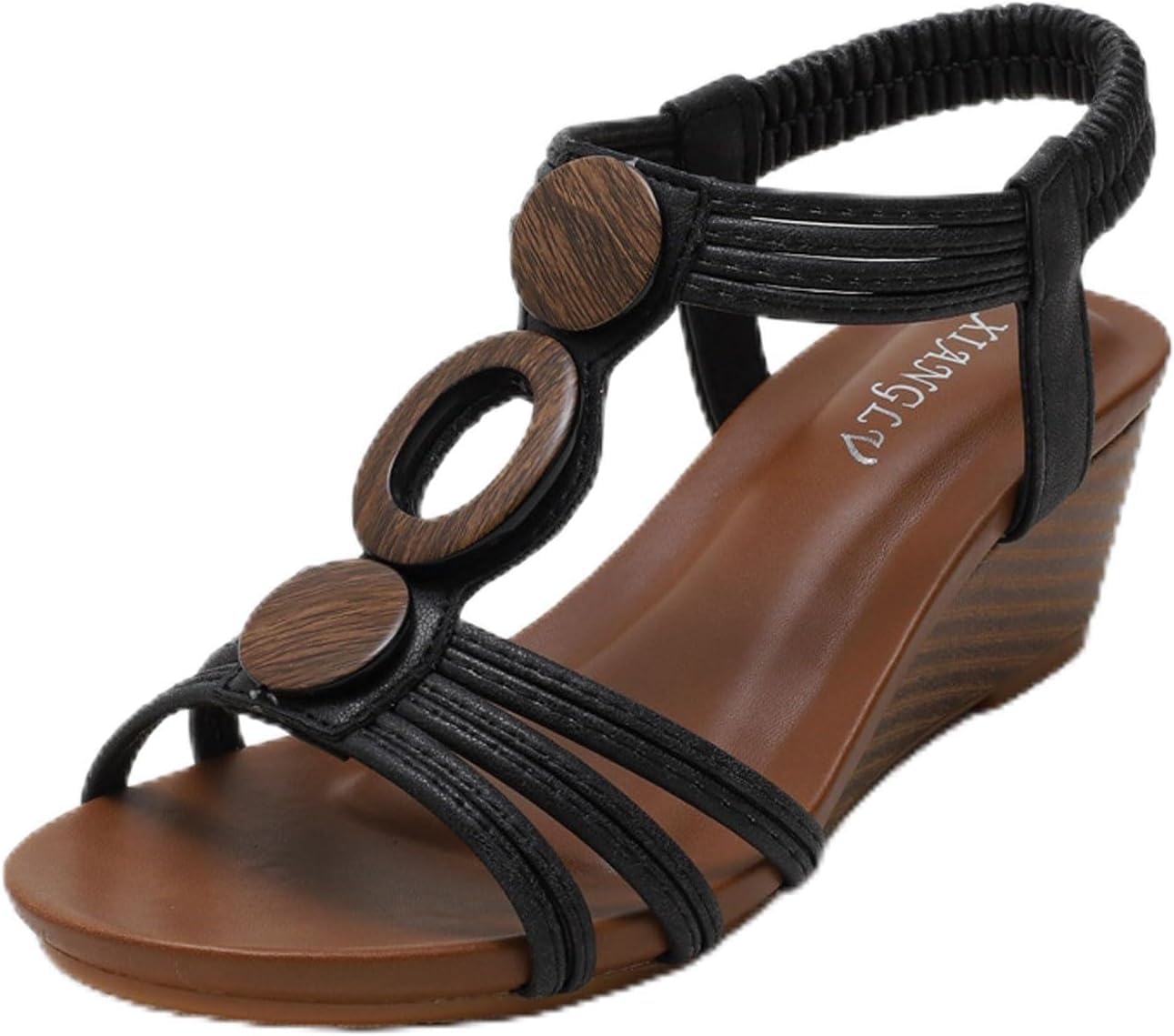 Sandales compensées femmes sangle élastique noire bout ouvert romaines 35