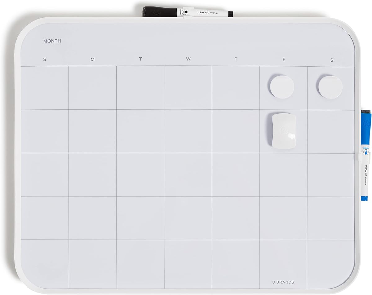 U Brands Calendario moderno biselado de borrado en seco, paquete económico de pizarra blanca, suministros de oficina, incluye marcadores, imanes, borrador, 16" x 20"