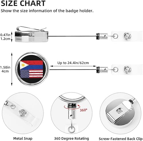 Miniatura 3 de Portatarjetas retráctil de la bandera estadounidense de Filipinas, soporte de metal resistente con mosquetón de metal para cinturón para tarjeta de
