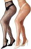 SNDE Netzstrumpfhose, Fishnet Stockings glitzer, Elastisch Hohe Taille Strumpfhosen Netzstrümpfe, Fischernetz Strümpfe für Damen (2pcs-Schwarz + Nude)