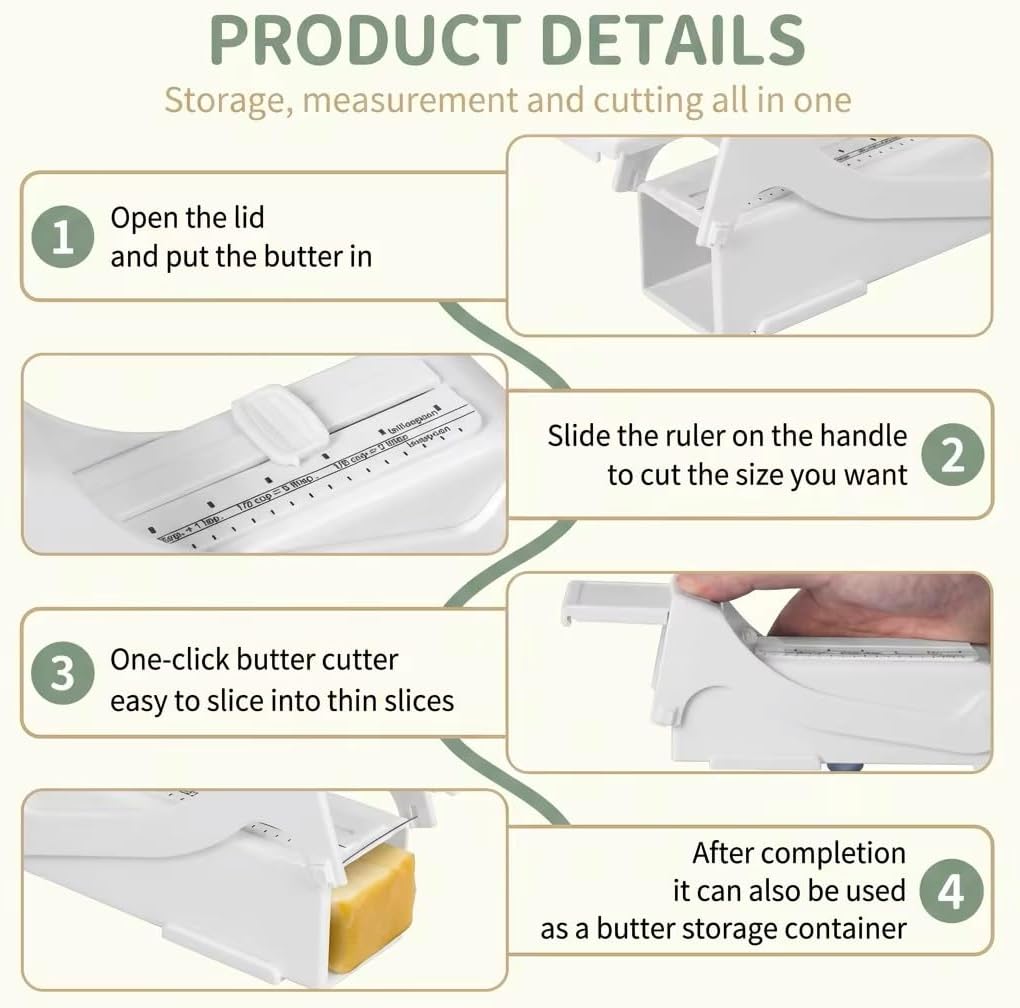 One-Click Butter Slicer with Airtight Storage - Stainless Steel Blade Butter Dispenser, Fridge-Friendly Container with Sealed Lid (Dishwasher Safe) (White, Wire-cut)