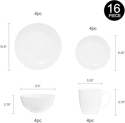 Miniatura 3 de Bone China - Juego de vajilla de 16 piezas, servicio para 4, blanco, apto para microondas, apto para lavavajillas, resistente a las astillas,