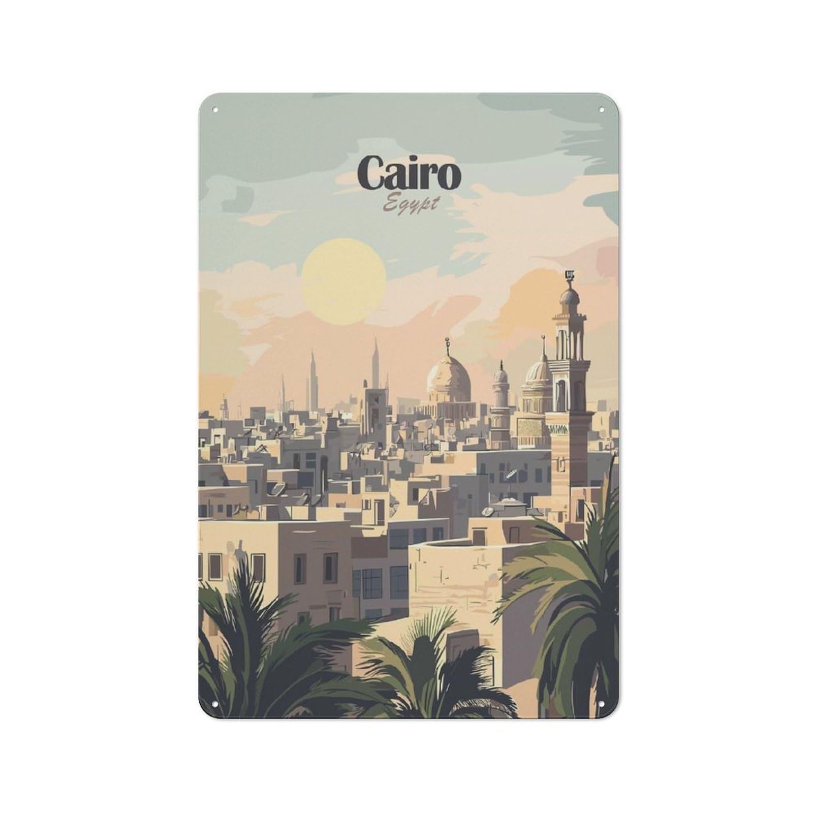 Junmoney Style-16 Tin Wall Plaque 30X20cm With Cairo, Egypt Cityscape Illustration(2) For Home Office Or Studio, New Home Wall Decor For Home Office Decor Fans
