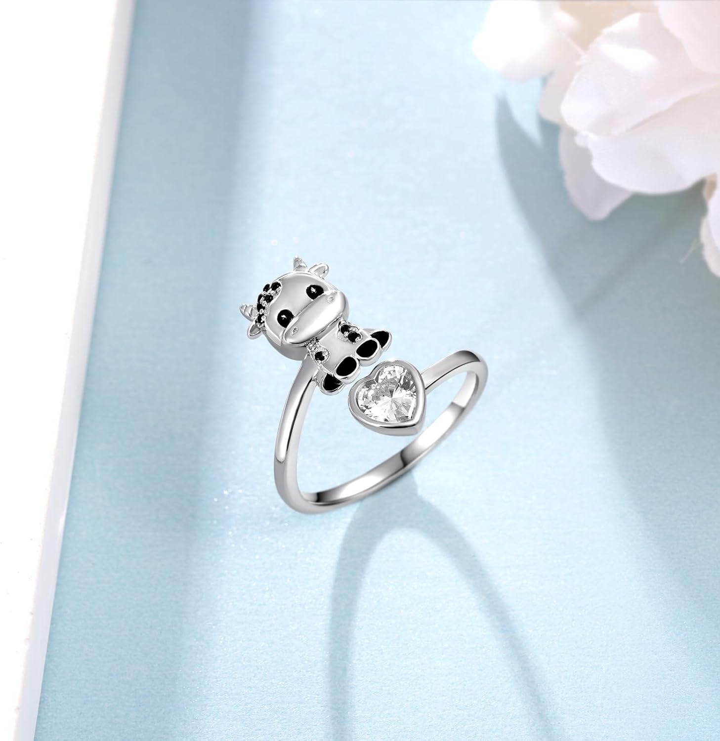 Cow Ring 925 Sterling Silver Adjustable Open Ring Cute Cow Animal Jewelry Gifts for Women