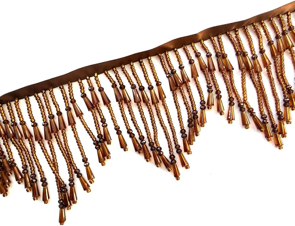 1 Yard Beautiful Crystals Beading Trim,sew on Wavy Tassels Shiny Trim for Bridal Belts Hairband Bridal Dress Evening Gown Dance Costumes DIY Decoration (Brown)