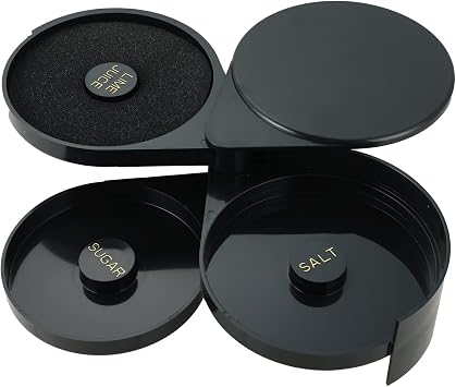 MYFULLY 3 Tier Bar Glass Rimmer Bartender Tool with Sponge Rotating Trays Salt Box Spice Container Salt Sugar Lime Juice Black Plastic Bar Glass Rimmer Great for Cocktails & Margaritas