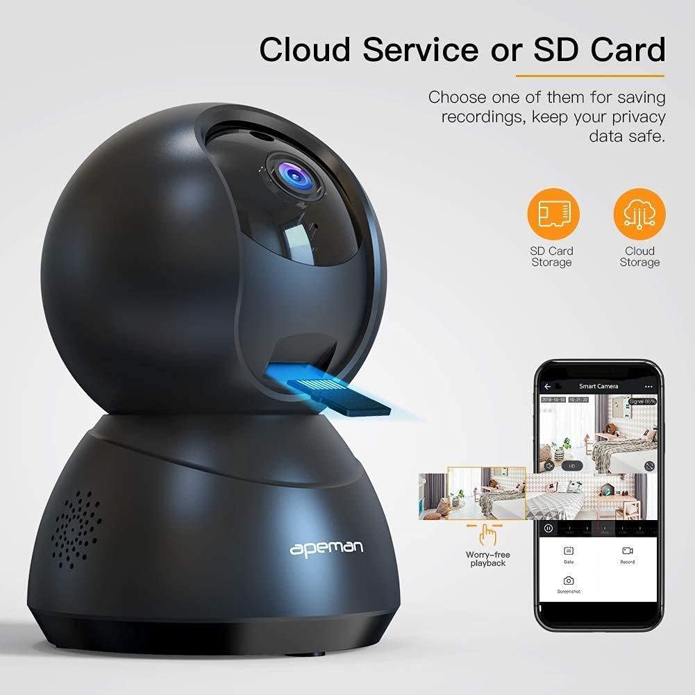 APEMAN ZX-ID75-UK WiFi Camera showing SD card and cloud storage options