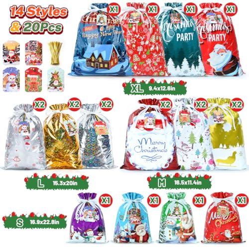 20 Pcs Christmas Drawstring Gift Bags, Assorted Sizes with More Large Bag. - Image 2