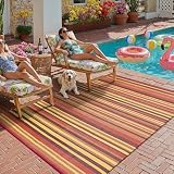 WondRg Outdoor Plastic Straw Rug Waterproof Patio 5x8 Red Orange Stripe Mat for Porch Camping RV Balcony Deck Courtyard Reversible Lightweight Durable Portable Carpet
